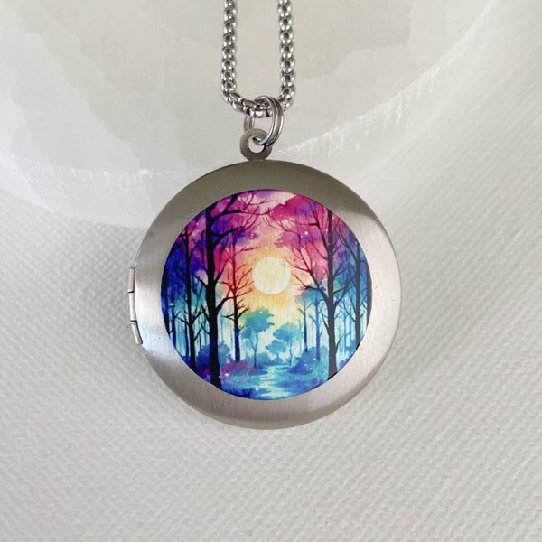 Sunset Locket Necklace, silver photo locket with pictures, moon and trees pendant, personalized jewelry gift for her, custom engraved