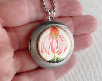 Pink Cone flower Locket Necklace with photos, silver custom engraved jewelry, pink echinacea flower picture locket, personalized pendant