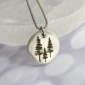 Small Silver Pine Tree Necklace, custom engraved jewelry, rustic evergreen tree charm, dainty tree pendant