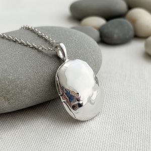 Sterling Silver Beach Stone Locket Necklace: Small Oval Photo Keepsake pendant