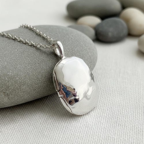 Sterling Silver Beach Stone Locket Necklace: Small Oval Photo Keepsake pendant