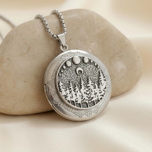 Moonlit Pine Trees Locket Necklace: Silver Photo Locket, Engraved Gift, locket with photos