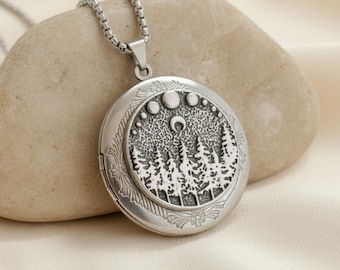 Moonlit Pine Trees Locket Necklace: Silver Photo Locket, Engraved Gift, locket with photos