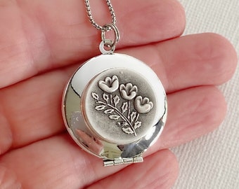 Forget-Me-Not Locket Necklace with photos, silver flower locket, personalized locket with pictures, custom jewelry gift