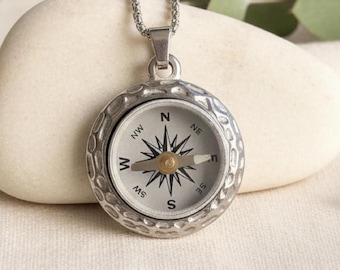 Hammered Silver Working Compass Necklace, personalized engraved pendant, gift for traveler