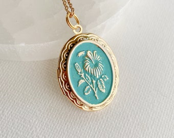 Oval Gold Locket, hibiscus flower locket, picture locket, photo locket necklace