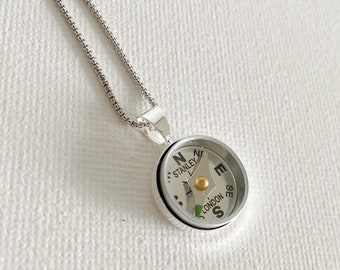 Personalized Silver Compass Necklace, working compass jewelry, small functinal compass pendant, travel-themed gift