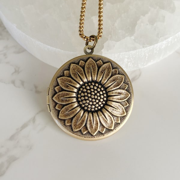 Gold Sunflower Photo Locket Necklace, personalized locket with pictures, gift for her, sunflower pendant with custom engraving