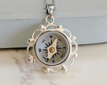 Silver Filigree Working Compass Necklace: Functional Jewelry Pendant, gift for new beginnings