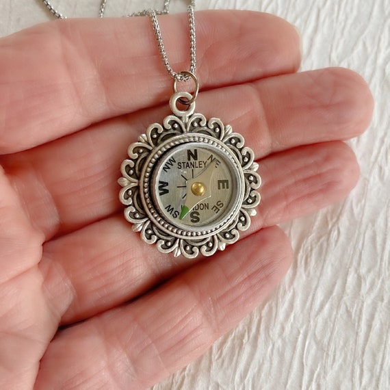 Fancy Silver Working Compass Necklace Real Compass Jewelry Small Compass Pendant Steampunk Style Necklace Silver Face Etsy
