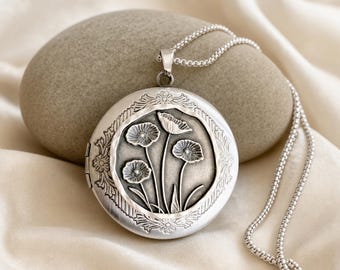 Medallón de plata con forma de amapola, con fotos y grabado, collar personalizado con motivos de la naturaleza, regalo de recuerdo con foto de flores.
