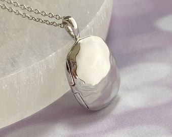 Sterling Silver Beach Stone Locket Necklace, pebble locket, 925 oval photo locket