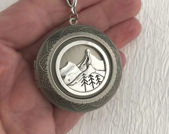 Extra Large Silver Mountain Locket Necklace, locket with photos, silver mountain pendant, deep locket, oversized locket, locket for men