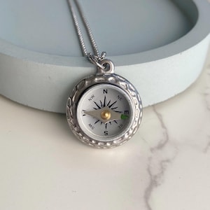 Engraved Silver Compass Necklace, working compass jewelry, personalized compass pendant, travel-themed gift
