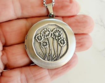 Silver Dandelion Locket with photos and engraving, Personalized Nature Necklace, Flower Photo Keepsake Gift