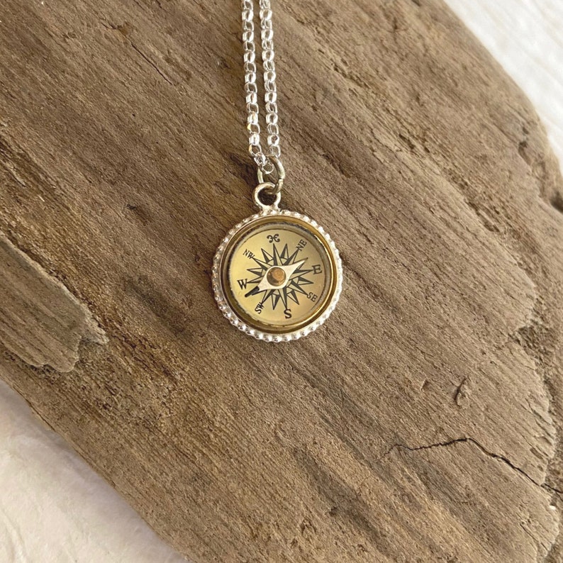 Tiny Sterling Silver Working Compass Necklace, steampunk compass jewelry, real compass pendant, small silver compass charm 