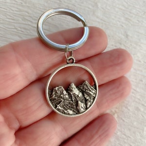 Two Sided Silver Mountain Keychain, pine tree keychain, hand stamped trees, key chain for man, mountain key chain for him