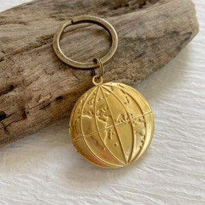 Gold Earth Locket Keychain with photos, two hemispheres earth locket, gold globe key chain