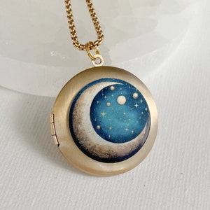 Gold Crescent Moon and Stars Locket Necklace, picture locket with photos, celestial necklace, personalized jewelry gift