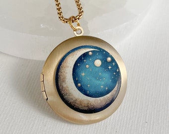 Gold Crescent Moon and Stars Locket Necklace, picture locket with photos, celestial necklace, personalized jewelry gift