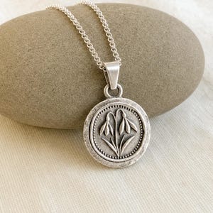 Dainty Snowdrop Flower Necklace, January birth flower, tiny silver pendant with personalized engraving