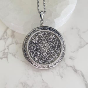 Extra Large Silver Photo Locket Necklace, antique silver embossed picture locket, personalized locket with pictures