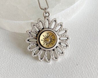 Silver Flower Working Compass Necklace, graduation gift, silver daisy compass pendant, magnetic compass flower charm