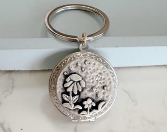 Silver Daisy Locket Key Chain with Photos, personalized picture locket