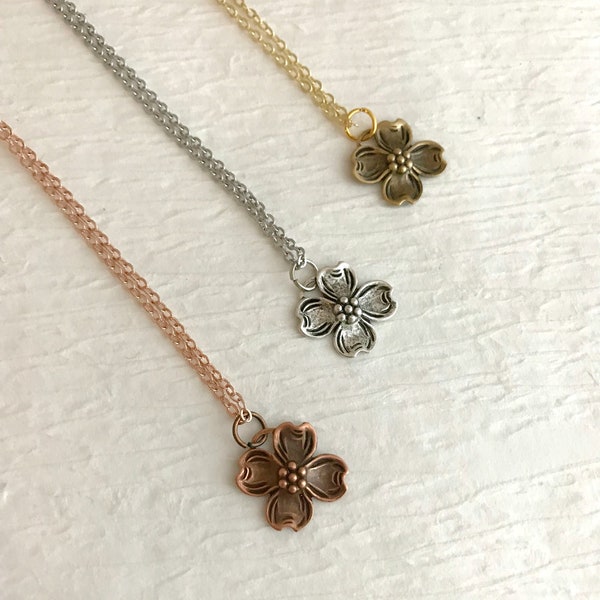 Tiny Dogwood Flower Necklace, silver, gold or rose gold, little dogwood charm, North Carolina state flower