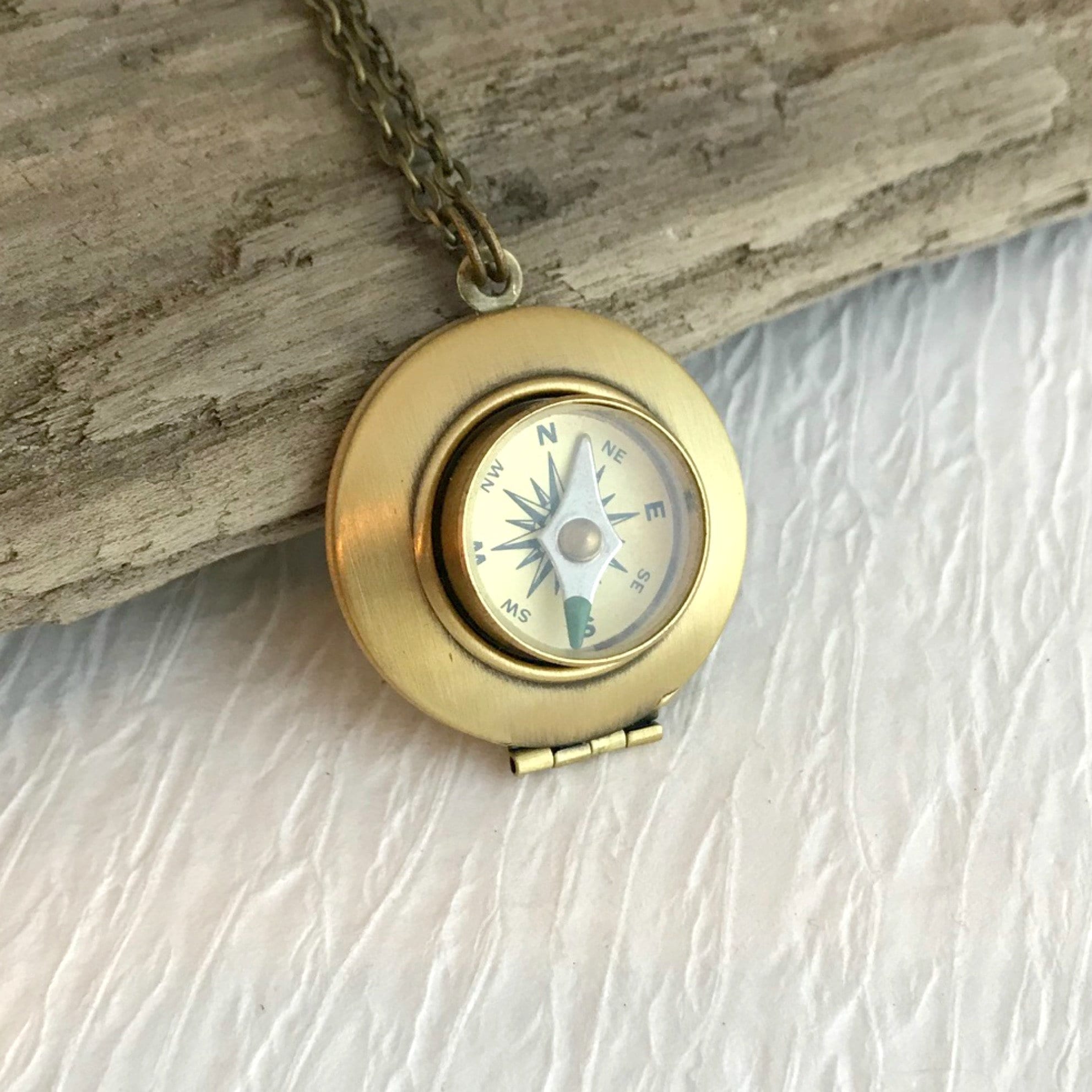 Gold Working Compass Locket Necklace 