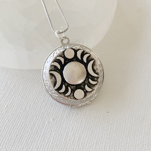 Silver Moon Phases Locket with Pictures, moon necklace, stainless steel locket, photo locket for men