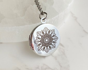 Snowflake Mandala Locket Necklace - small silver locket with photos and custom engraving, mandala 3