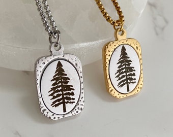 Custom Engraved Single Pine Tree Necklace, silver and gold personalized tree pendant, stainless steel rectangle charm, gift for him