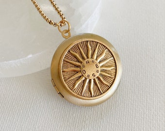 Gold Sun Compass Locket Necklace with photos, personalized necklace with custom engraving, unisex jewelry gift