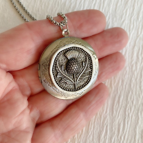 Scottish Thistle Locket with photos, silver thistle pendant, Scottish jewelry, custom engraved necklace gift