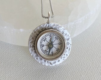 Silver Working Compass Necklace, round hammered pendant, engraved compass jewelry, graduation gift