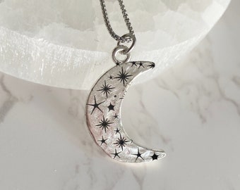 Hammered Starry Moon Charm Necklace, silver crescent moon pendant, celestial themed jewelry