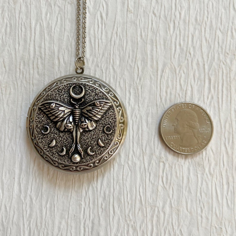 Luna Moth Locket Necklace with Photo, extra large silver locket, oversized locket, deep locket, big locket image 3