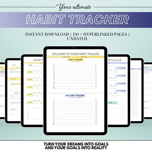 Puede incluir: Seguimiento de hábitos digital que se muestra en varias tabletas. El rastreador presenta un diseño limpio y minimalista con secciones para rastrear hábitos y metas. El texto incluye "Habit Tracker", "Instant Download".