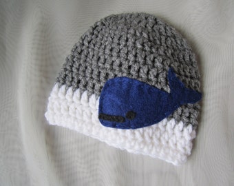 SALE Whale Beanie Hat - baby whale hat - baby boy hat - boy photo prop - grey hat - white hat - blue whale - blue hat