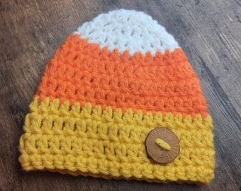 Candy Corn crochet hat - baby Halloween hat - baby candy corn hat - Halloween costume - natural button