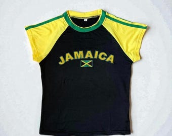 Vintage Y2K Jamaica Baby Tee – Retro Black Crop Top, Blokecore Style
