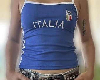 Italia Ribbed Crop Tank Top | Y2K Retro Sporty Blue Sleeveless Shirt