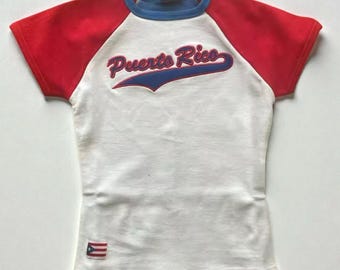 Vintage Y2K Puerto Rico Baby Tee – Red Raglan Crop Top