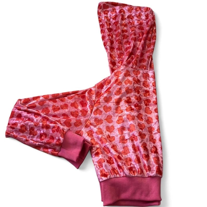 May include: A pink hooded sweatshirt with a pattern of red hearts. The cuffs and hem are a darker shade of pink. The fabric has a soft, velvety texture.