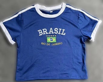 Y2K Blue Brazil Crop Top: Retro Festival Outfit