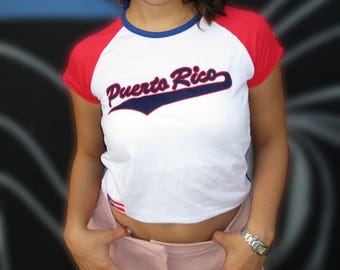 Vintage Y2K Puerto Rico Baby Tee – Red Raglan Crop Top