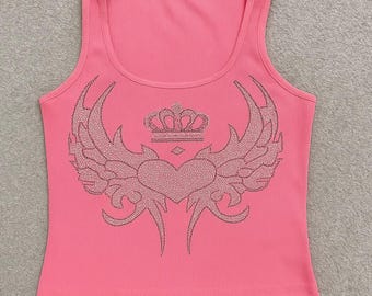 Y2K Rhinestone Heart Crop Top: Pink Glitter Angel Wings Tank