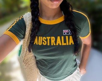 Y2K Australia Baby Tee – Green & Gold Ringer Crop Top