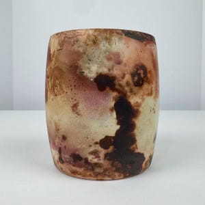 Pit Fired Burnished Vase – 4.5&quot; x 4.25&quot; Handmade Elliptical Ceramic, White & Maroon Blushes, Celestial Marks, Semi-Glossy Finish